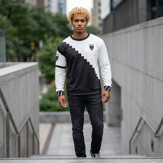 Black & White Diagonal Stair Sweatshirt — Fortis Logo Crewneck