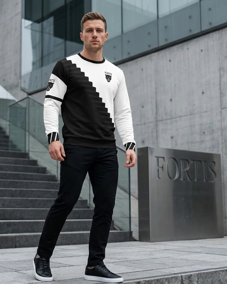 Black & White Diagonal Stair Sweatshirt — Fortis Logo Crewneck