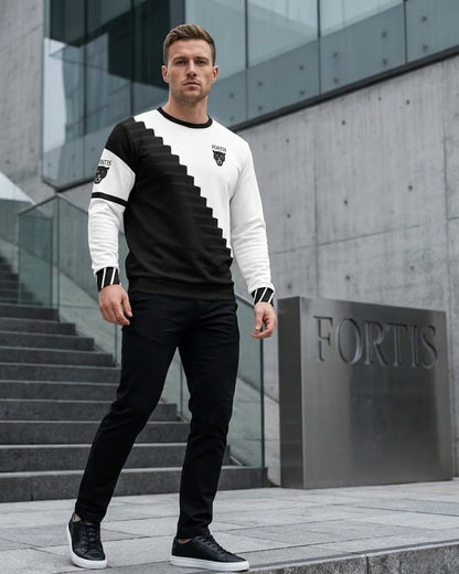 Black & White Diagonal Stair Sweatshirt — Fortis Logo Crewneck