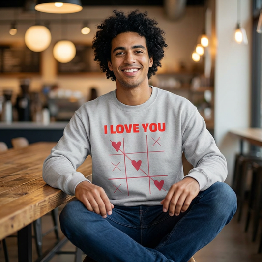 I Love You Tic-Tac-Toe Sweatshirt — Valentine's Heart Game Crewneck