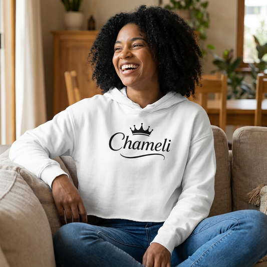 Cropped Hoodie — "Chameli" Script Crown Logo Women’s Hooded Sweatshirt