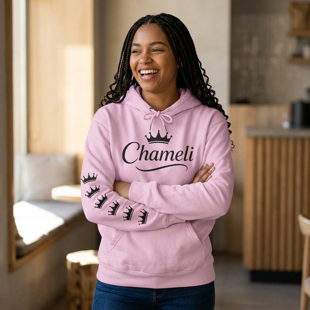 Chameli Crown Hoodie — Personalized Script Logo Pullover with Sleeve Crowns