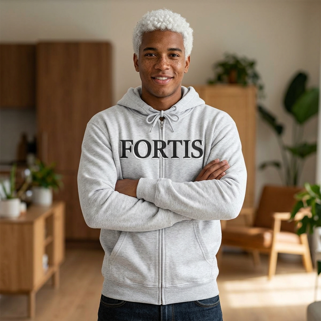 Fortis Zip Hoodie — Classic Minimalist Text Zip-Up Hoodie