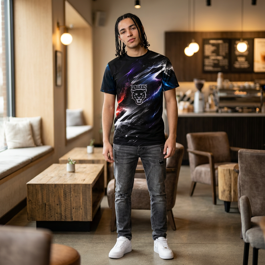Fortis Panther All-Over Print Tee — Black Nebula Graphic Shirt