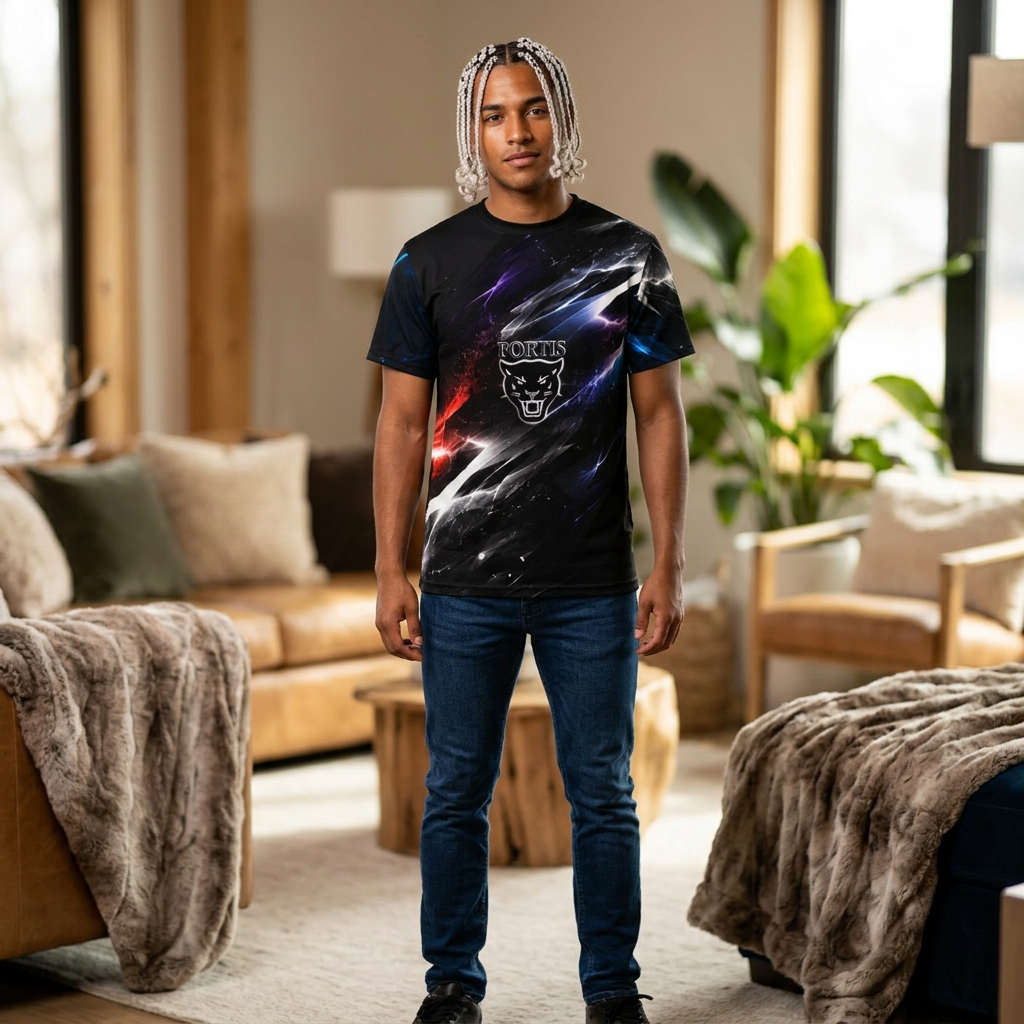 Fortis Panther All-Over Print Tee — Black Nebula Graphic Shirt