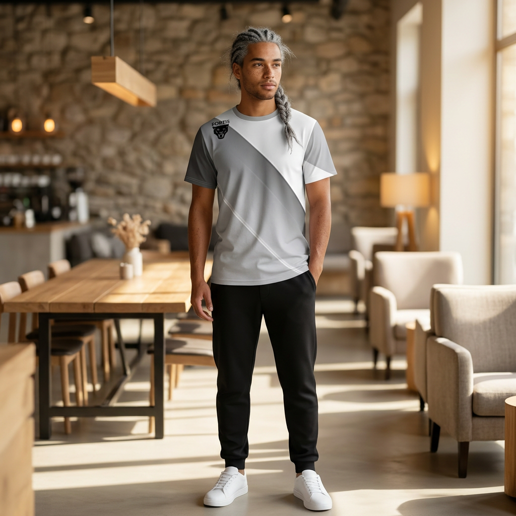 Fortis Minimalist Panther Tee — White Diagonal Cut & Sew T‑Shirt
