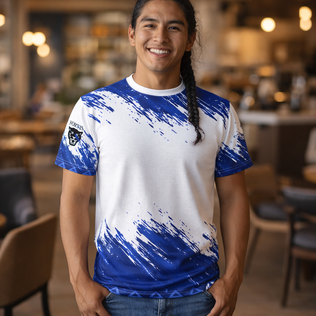 Blue Brushstroke Cut & Sew Tee — All-Over Paint Splatter Design