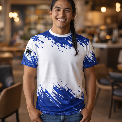 Blue Brushstroke Cut & Sew Tee — All-Over Paint Splatter Design