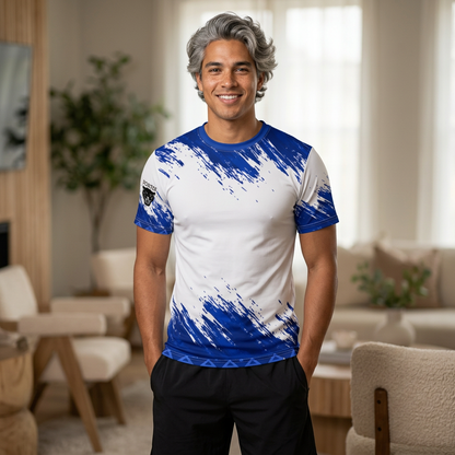 Blue Brushstroke Cut & Sew Tee — All-Over Paint Splatter Design