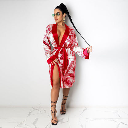 Printed Loose Robe Bathrobe Cardigan Housewear,Robe Décontractée Imprimée Style Kimono – Cardigan Loungewear Chic pour Femme