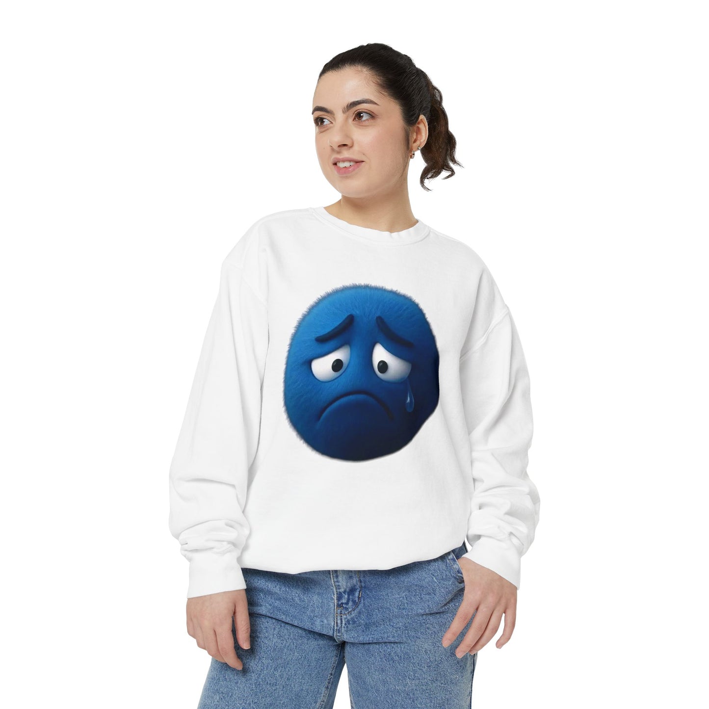 Sad Blue Emoji Sweatshirt – Cute Tear Drop Face Graphic Crewneck