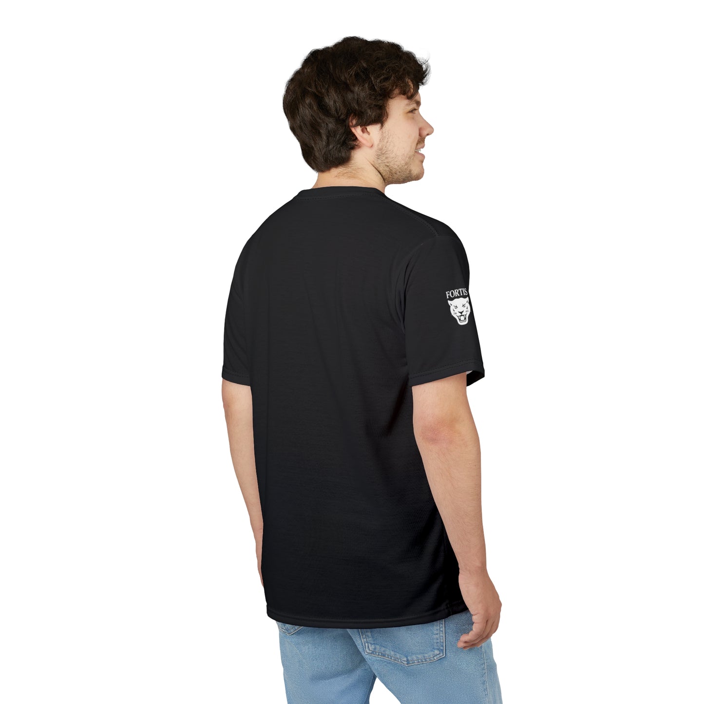 Fortis Black Panther Graphic Tee — Bold Gold Lettering All-Over Print