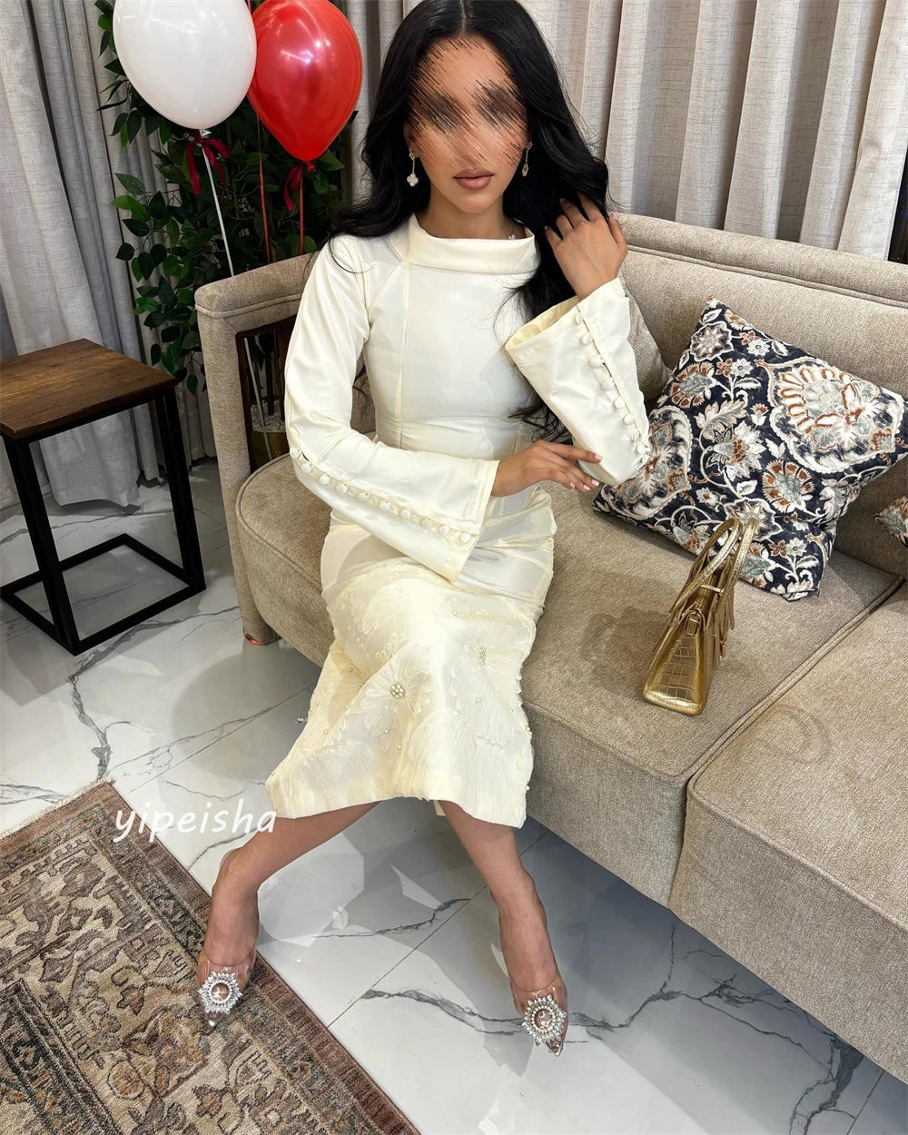 Customized Jersey Applique Button Pleat Cocktail Party A-Line O-Neck Bespoke Occasion Gown Midi Dresses