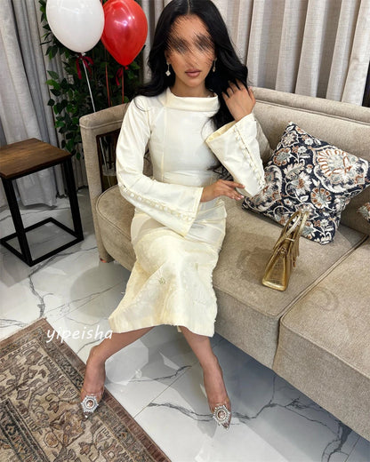 Customized Jersey Applique Button Pleat Cocktail Party A-Line O-Neck Bespoke Occasion Gown Midi Dresses