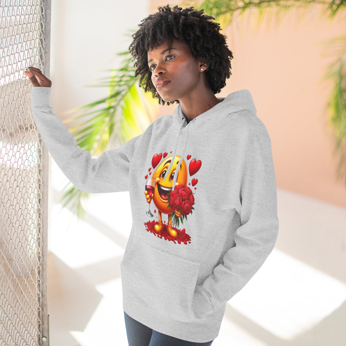 Valentine Emoji Hoodie – Rose, Wine & Hearts Fleece Pullover
