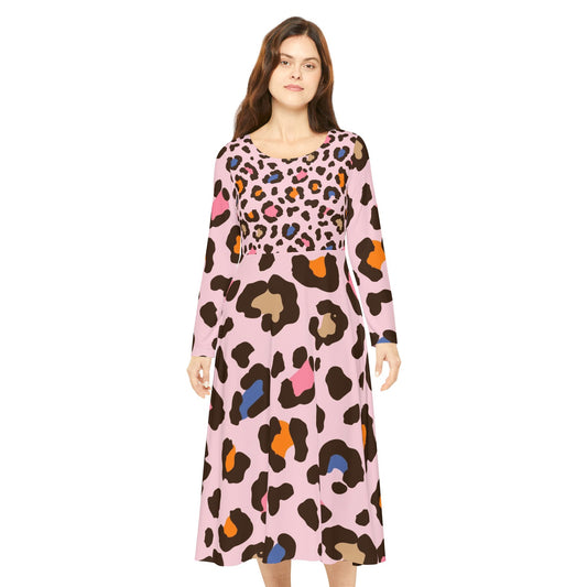 Pink Leopard Print Long Sleeve Dance Dress — Women's AOP Swing Skater Dress