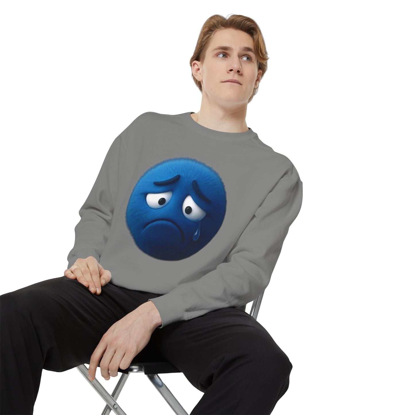 Sad Blue Emoji Sweatshirt – Cute Tear Drop Face Graphic Crewneck