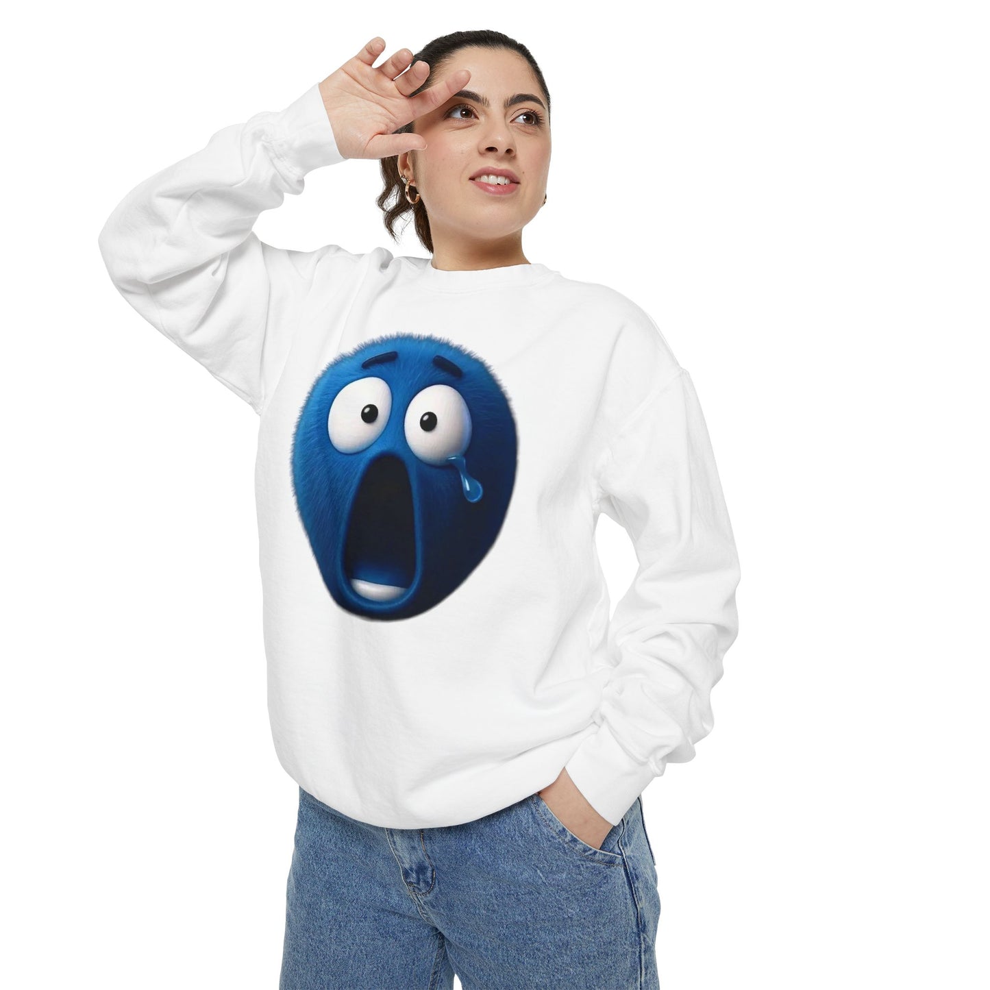 Blue Shock Emoji Sweatshirt — Funny Surprised Face Graphic Pullover