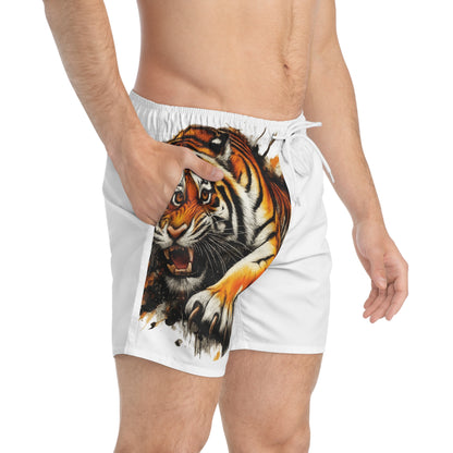 Fierce Tiger Print Swim Trunks, Beach Shorts, Men's Summer Swimwear, Vacation Essentials, Pool Party Gear, Unique Gift