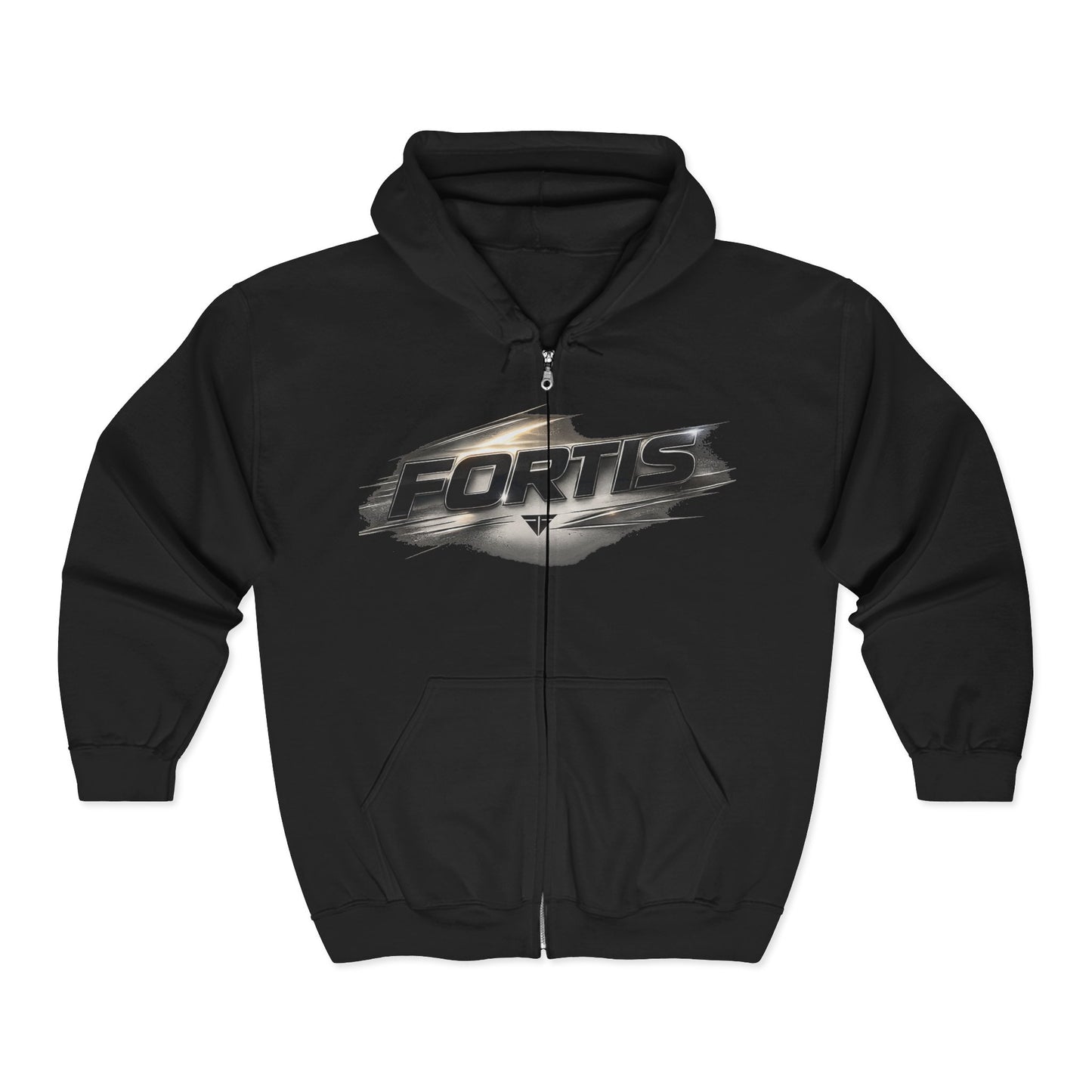 Fortis Zip Hoodie — Metallic Brushstroke Logo Full‑Zip Sweatshirt