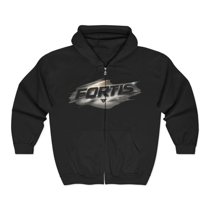 Fortis Zip Hoodie — Metallic Brushstroke Logo Full‑Zip Sweatshirt