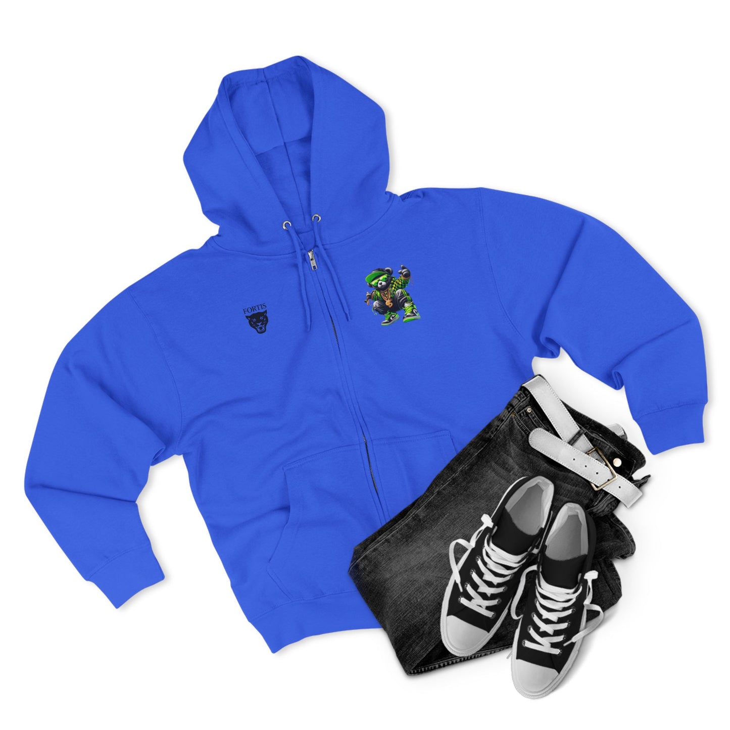 Streetwear Bear Zip Hoodie — Green Urban Teddy Graphic Zip-Up