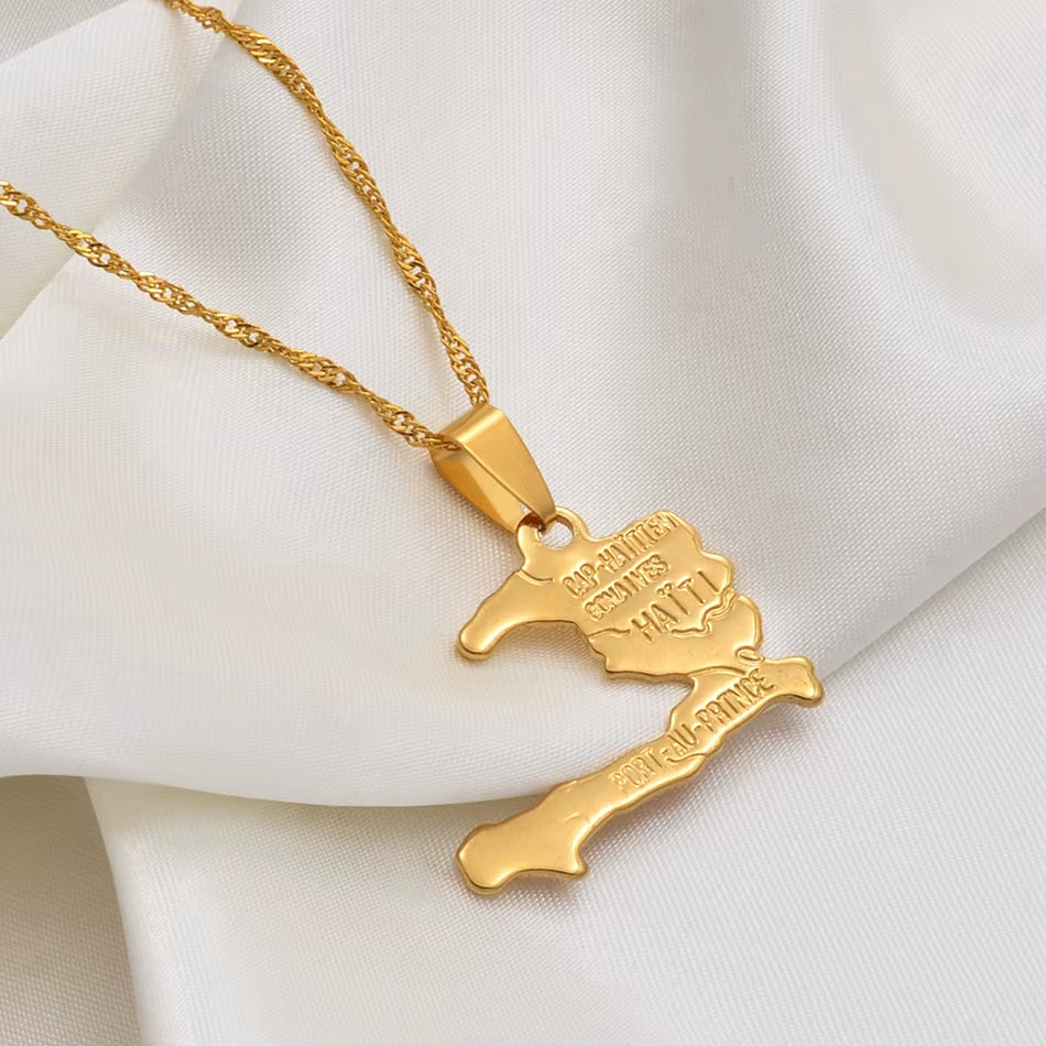 Haiti Map Necklace Pendants for Women Girls,Gold Color Ayiti Jewelry Map of Haiti #003910