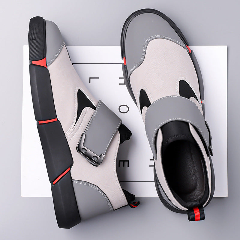 Men's Casual Leather Shoes Comfortable Slip-on Low-top Velcro Non-slip Flat Heel Shock Absorption