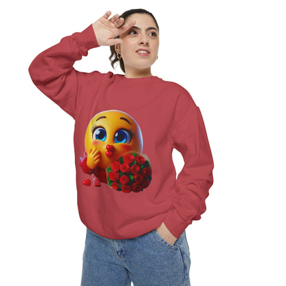 Kissing Emoji with Roses Sweatshirt — Cute Valentine’s Bouquet Graphic Sweatshirt