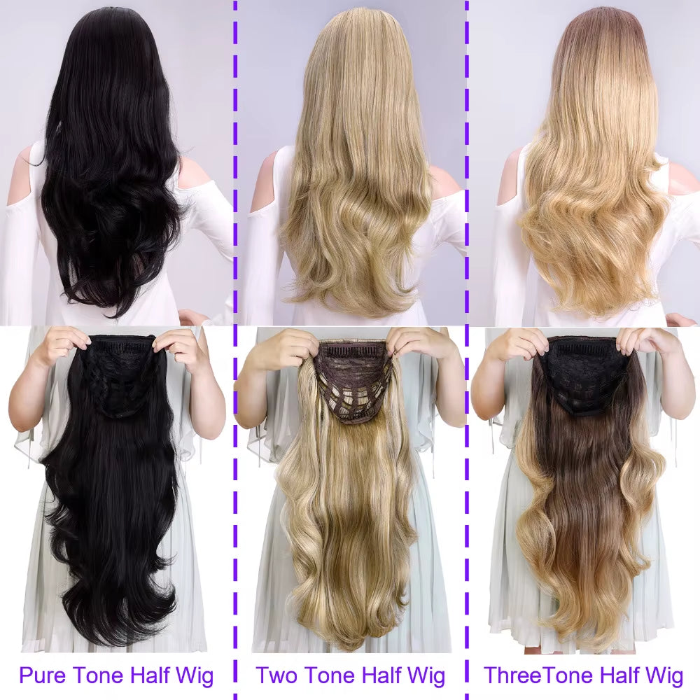 24" Synthetic Wave 3/4 Ladies Half Wig Hair Wavy Wigs with Comb on a Mesh Head Cap Clip in Hair Extension