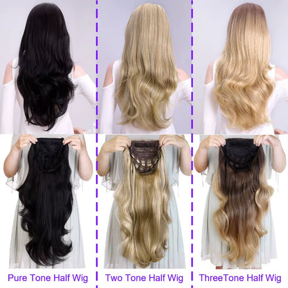 24" Synthetic Wave 3/4 Ladies Half Wig Hair Wavy Wigs with Comb on a Mesh Head Cap Clip in Hair Extension
