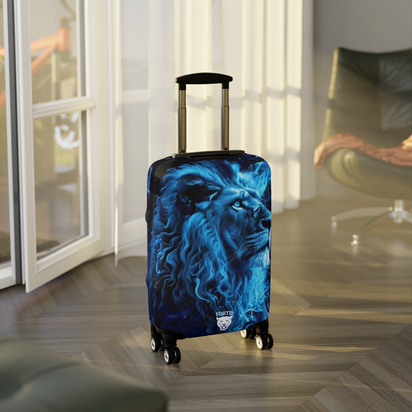 Blue Fire Lion Luggage Cover – Protective Suitcase Skin with Bold Lion Artwork