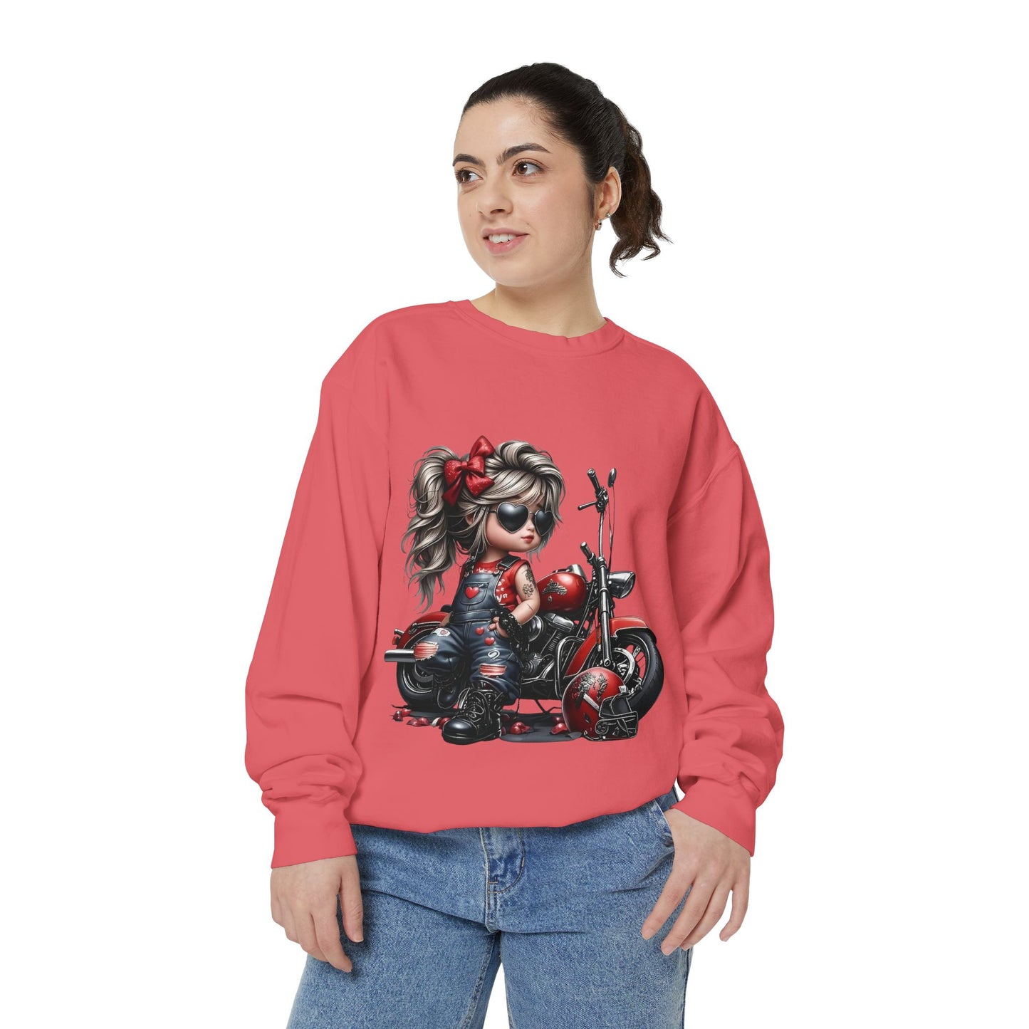 Retro Biker Girl Sweatshirt — Cute Motorcycle Crewneck