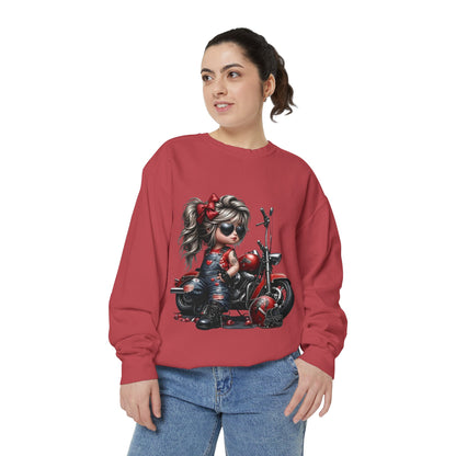 Retro Biker Girl Sweatshirt — Cute Motorcycle Crewneck