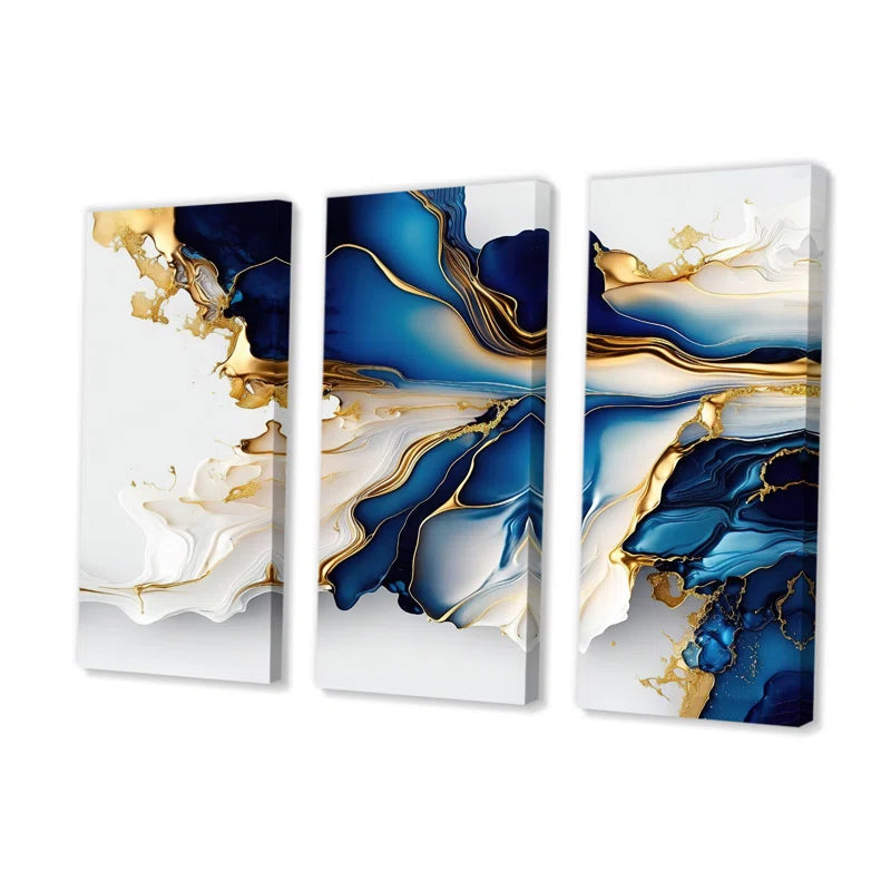 Abstract Geode Gold and Blue Marble Shape III - Modern 3 Piece Print on Canvas