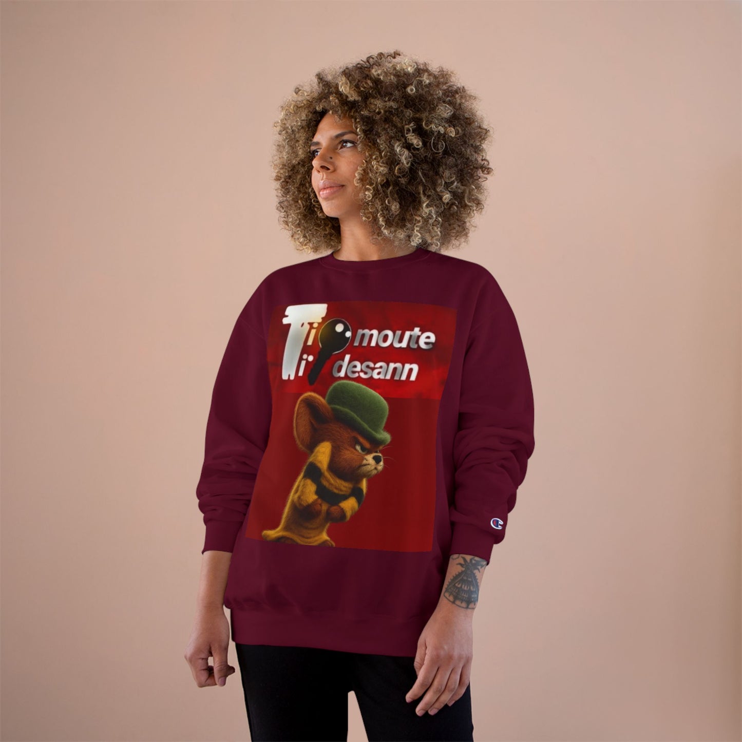 Sweatshirt — Retro Cartoon Mouse "T' moute desann" Graphic Crewneck