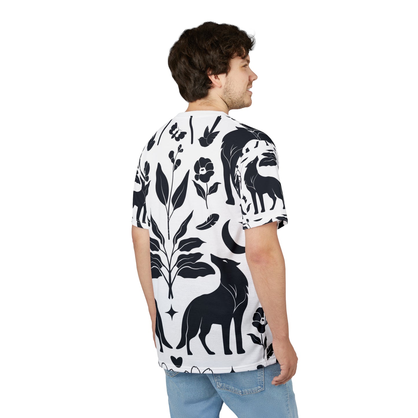 Botanical Fox Pattern Tee — Black & White Floral All-Over Print T-Shirt