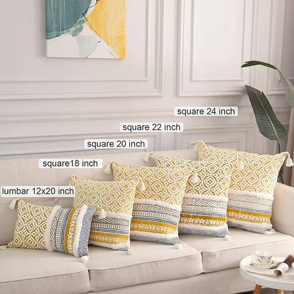 Boho Tufted Decorative Throw Pillow Covers for Couch Sofa - Modern Moroccan Pillow Case with Tassels, Accent Decor Large Pillowcase for Bedroom Living Room Car Hotel, 22 X 22 Inches, Yellow