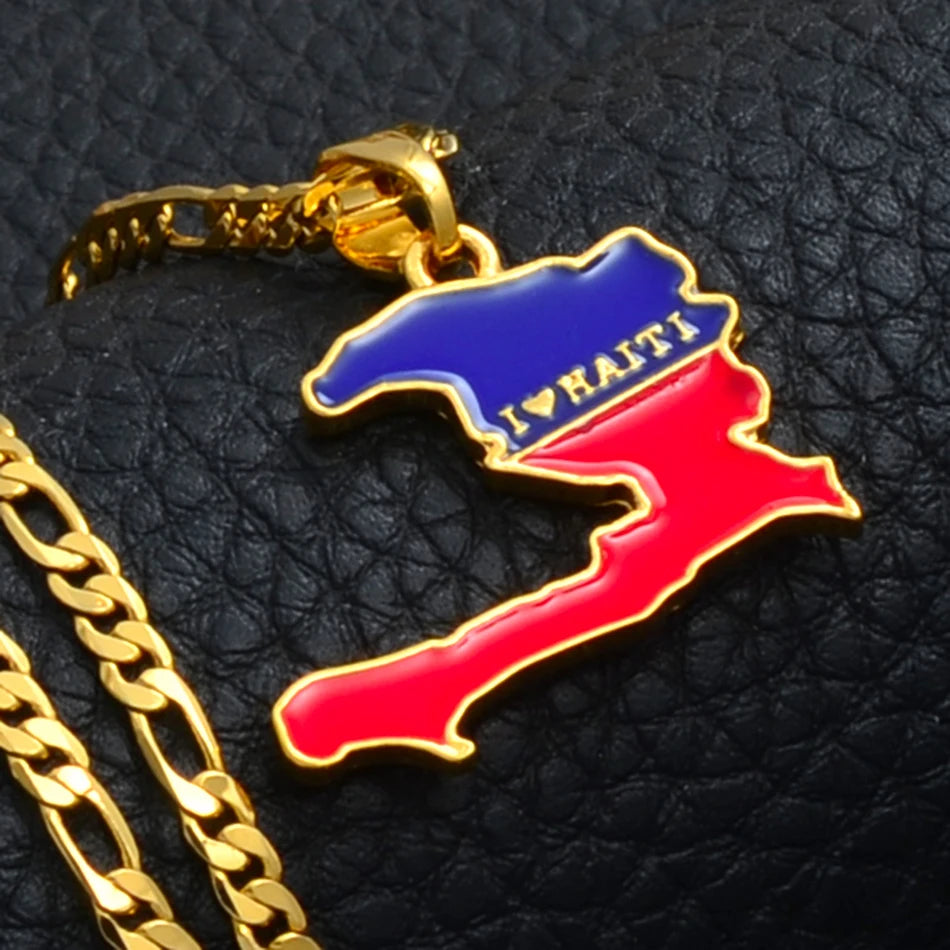 Haiti Map with Flag Pendants Necklaces for Men Ayiti Jewelry Gold Plated #116006