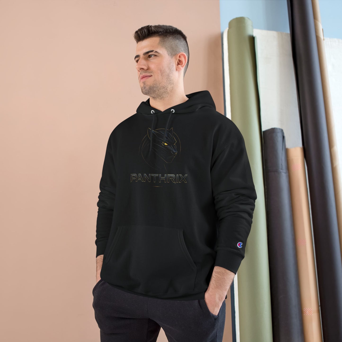 Pantherix Black Hoodie — Subtle Stealth Panther Logo Champion Hoodie