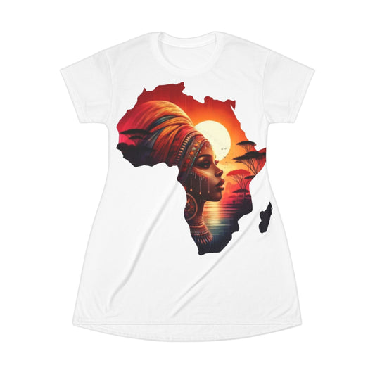 African Sunset T-Shirt Dress — Afrocentric Silhouette Sunset Portrait Dress