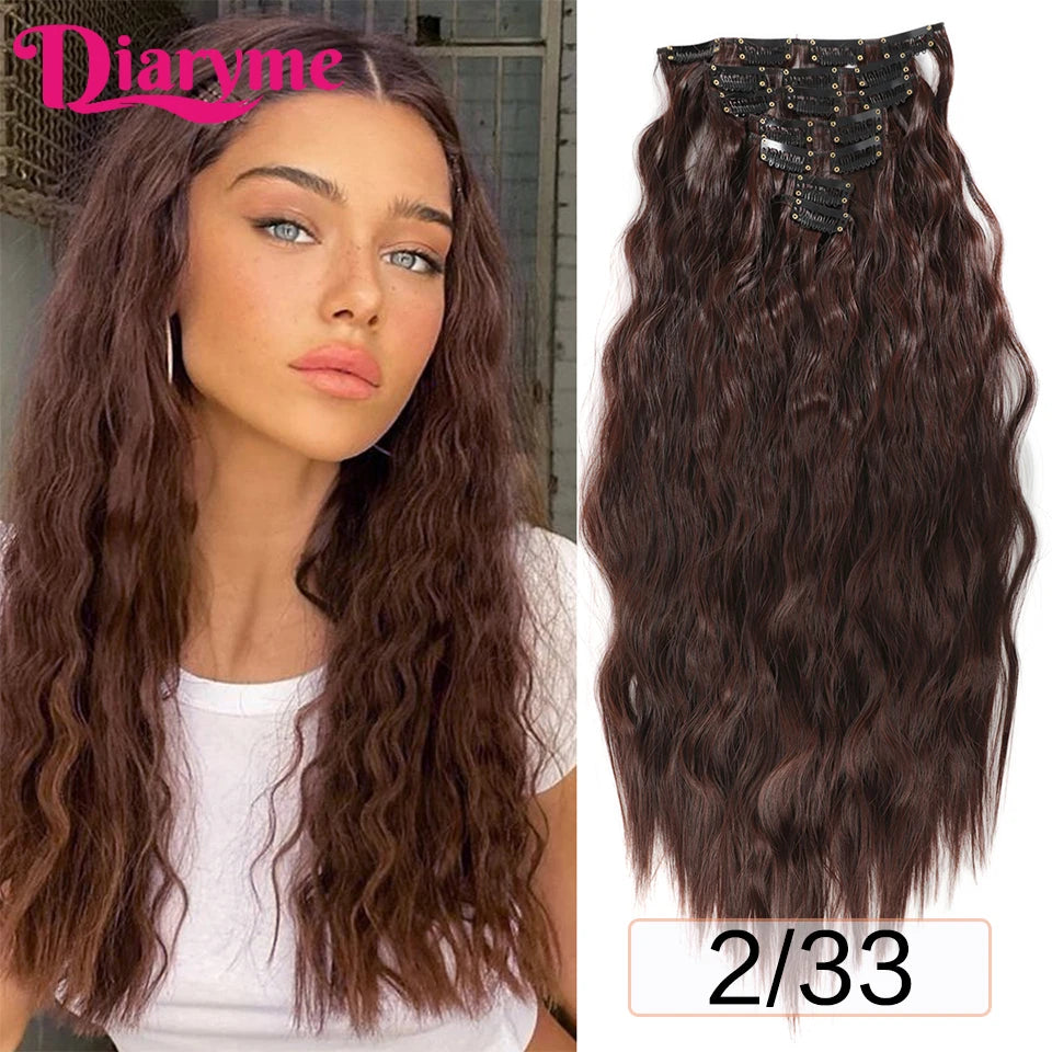Long Waves Hair Extensions Synthetic Wig Hairpieces 7 PCS Wavy Curly Clip in Hair Extension Natural Fake Hair Piece Half Wig