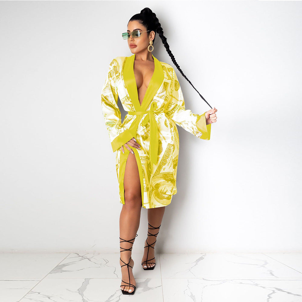 Printed Loose Robe Bathrobe Cardigan Housewear,Robe Décontractée Imprimée Style Kimono – Cardigan Loungewear Chic pour Femme