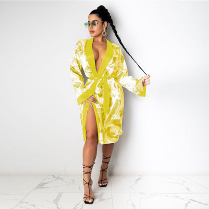 Printed Loose Robe Bathrobe Cardigan Housewear,Robe Décontractée Imprimée Style Kimono – Cardigan Loungewear Chic pour Femme
