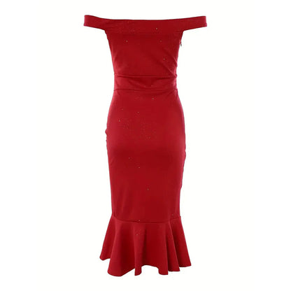 Women Solid Color Shiny Off-The-Shoulder Ruffled High Slit Bodycon Dress