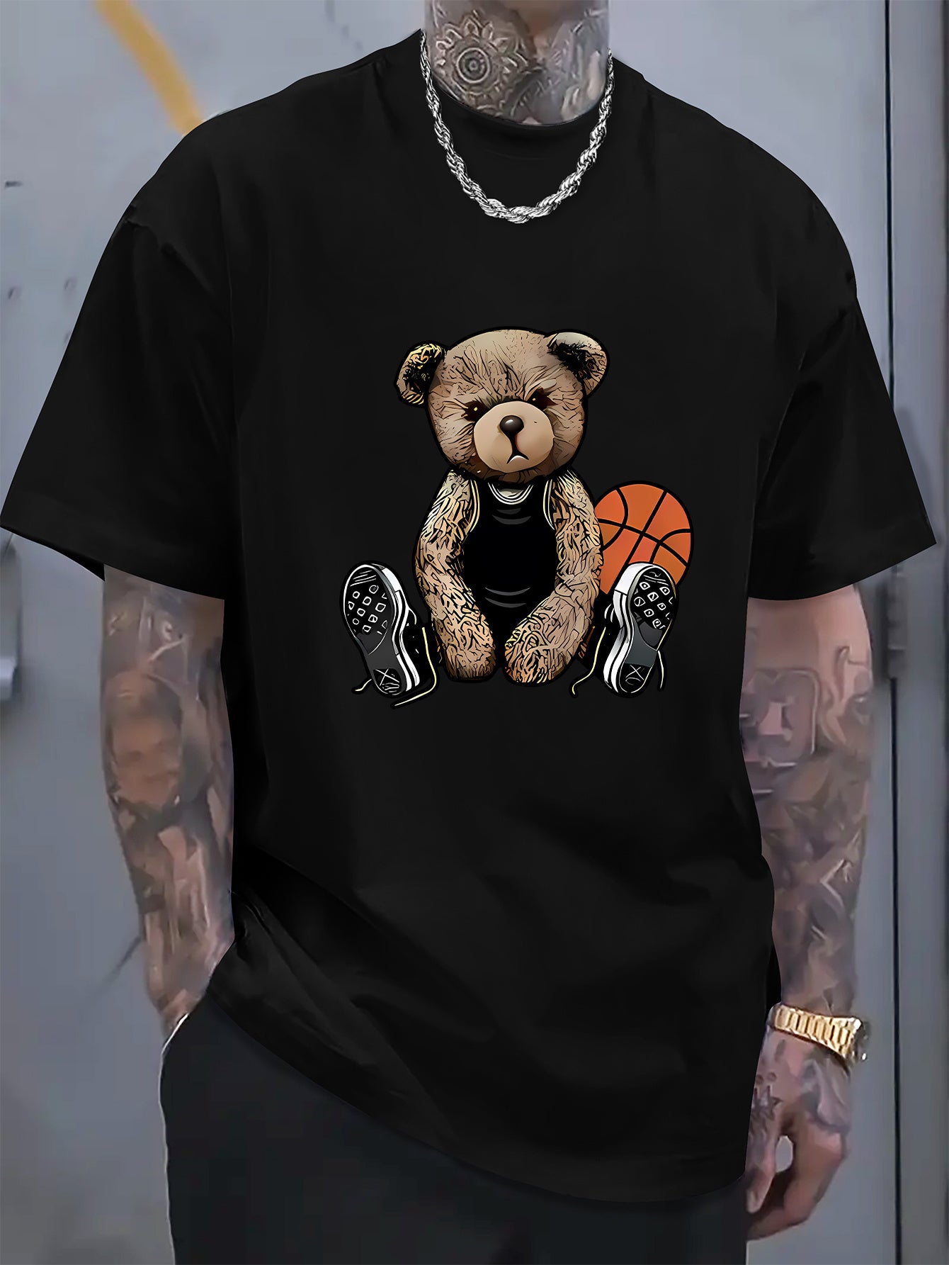Men's T-shirt With Cool Bear And Basketball Prints, Casual Short Sleeved Round Neck T-shirt, Soft And Comfortable Top, Street Fashion