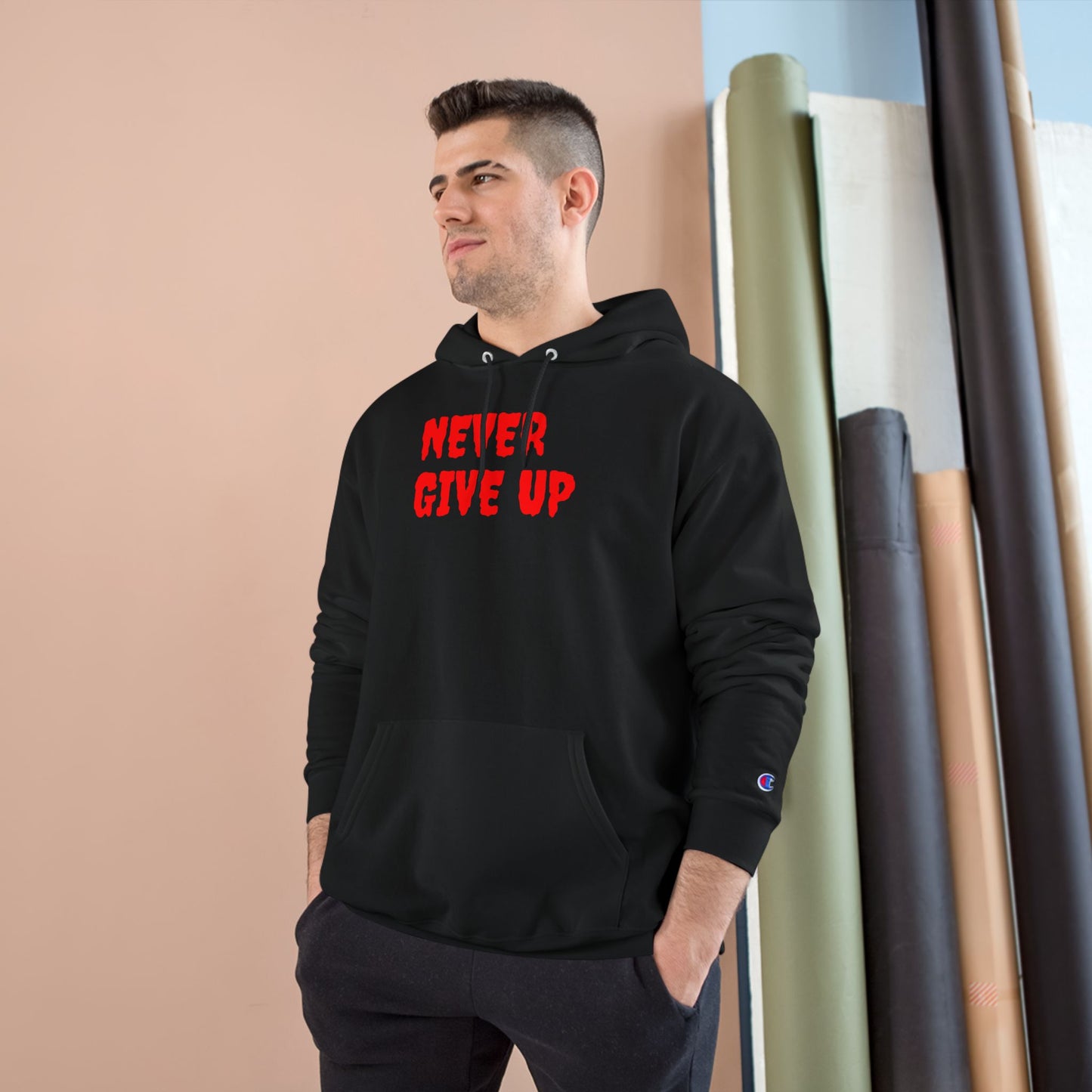 Never Give Up Hoodie – Motivational White Champion Hoodie