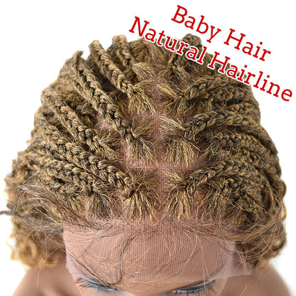 Swiss Lace Braided Wigs for Black Women 18 Inch Braids Wig with Baby Hair Premium Synthetic Wavy Hair Twist Box Braids Wigs Soft HD Lace Braiding Wig (#1B/27T-#Black/Khakit)