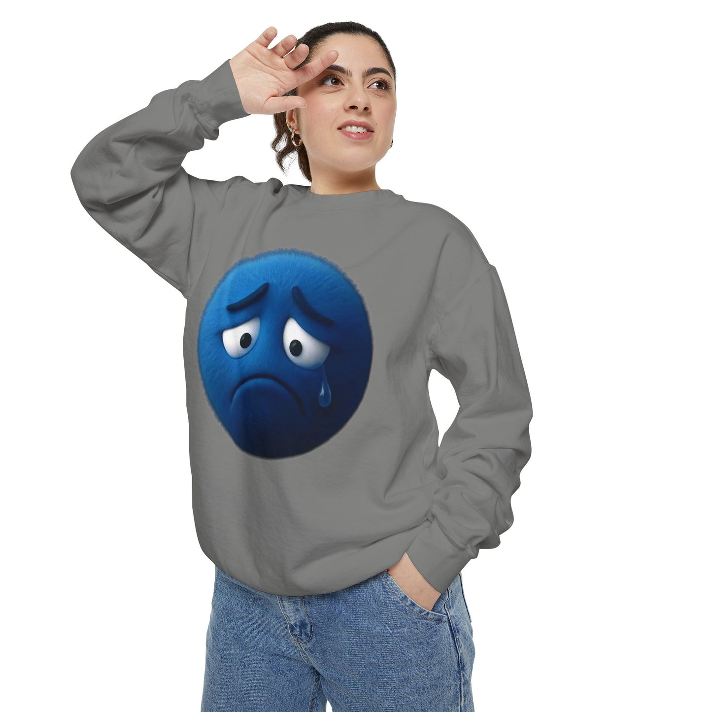 Sad Blue Emoji Sweatshirt – Cute Tear Drop Face Graphic Crewneck