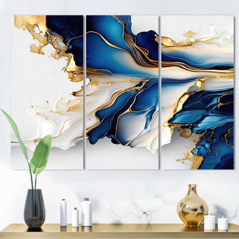 Abstract Geode Gold and Blue Marble Shape III - Modern 3 Piece Print on Canvas